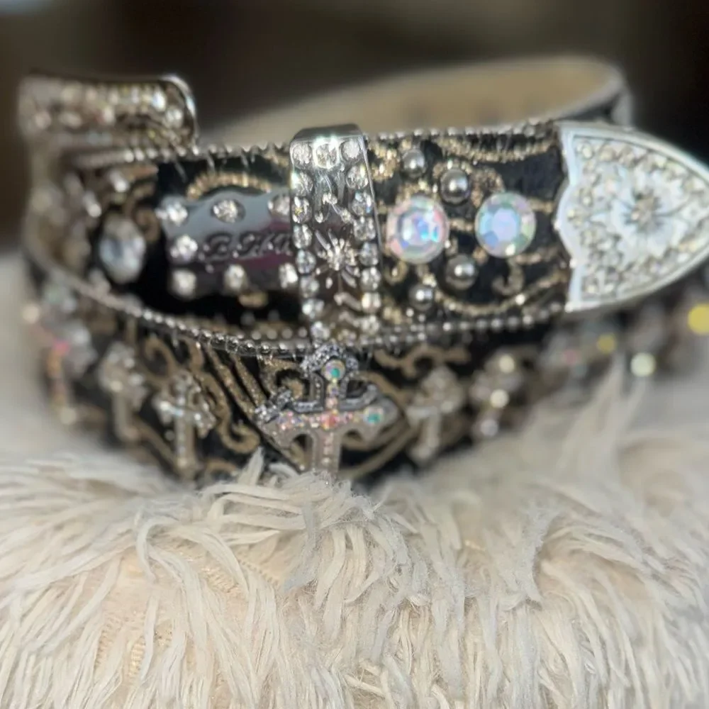 BHW Genuine Leather Cross Rhinestone Western Cowgirl Bling Belt Size large nwot